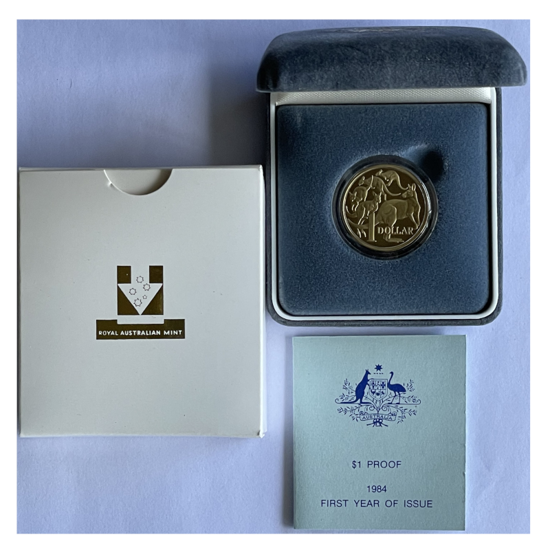 1984 $1 Proof Coin: "Mob Of Roos - Auatralia's First One Dollar Coin."