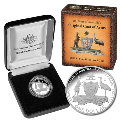 2008 $1 Silver Proof Coin: "100 Years of Australia's Original Coat of Arms."