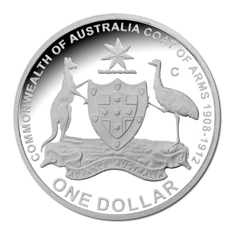 2008 $1 Silver Proof Coin: "100 Years of Australia's Original Coat of Arms."