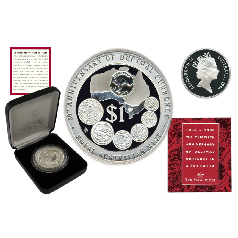 1996 $1 Silver Proof Subscription Coin: "30th Anniversary of Decimal Currency In Australia."