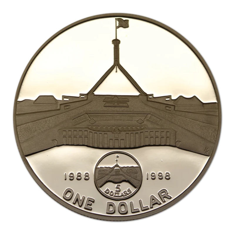 1998 $1 Silver Proof Subscription Coin: "10th Anniversary of New Parliament House."