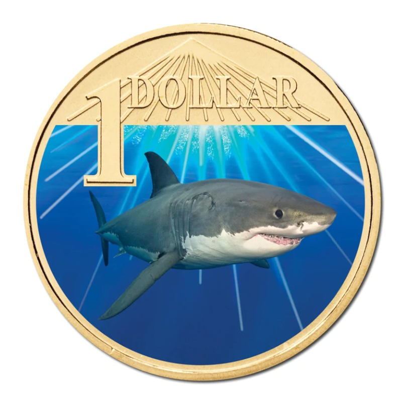 2007 $1 Uncirculated Coloured Coin: Ocean Series - "White Shark."