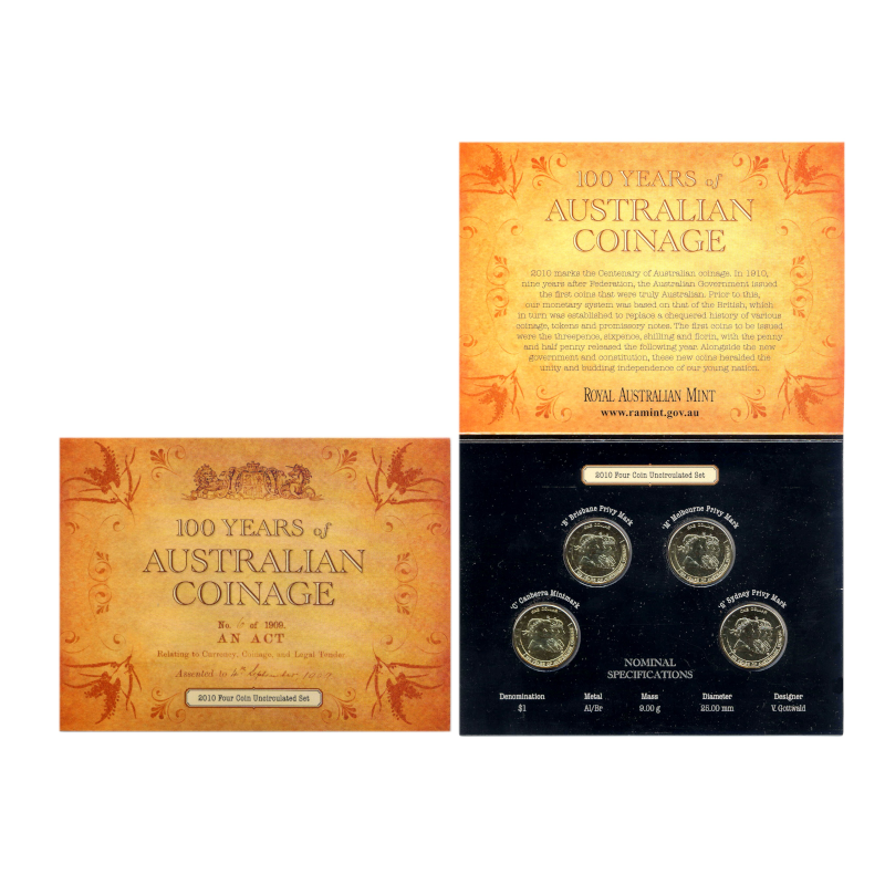 2010 $1 Four Coin Unciculated Set: "100 Years of Australian Coinage." - BCMS Mintmark/Privy Mark.