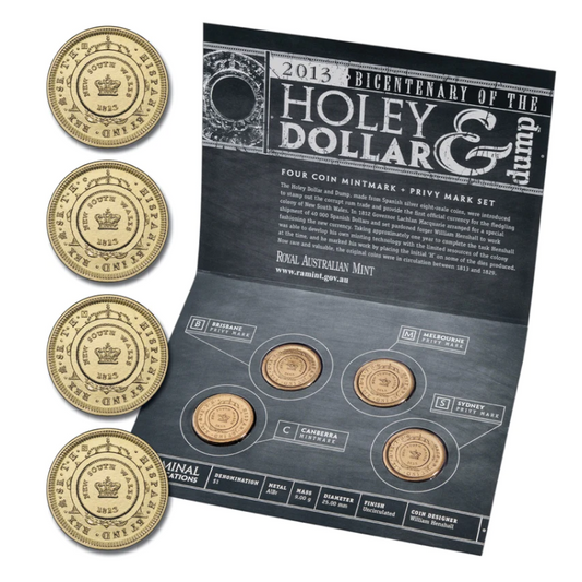 2013 $1 Uncirculated Four Coin Mintmark and Privy Mark Set: "Bicentenary of the Holey Dollar & Dump - BCMS."