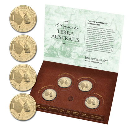 2014 $1 Uncirculated Four Coin Mintmark and Privy Mark Set: "A Voyage to Terra Australis - BCMS."