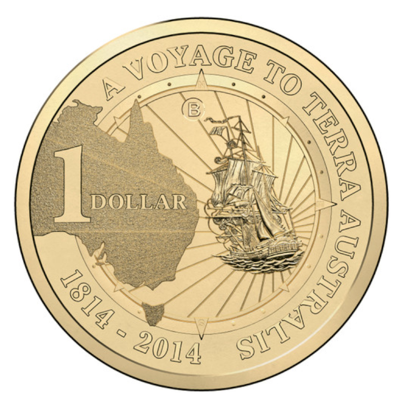 2014 $1 Uncirculated Coin: "A Voyage to Terra Australis." - 'B' Brisbane Counterstamp.