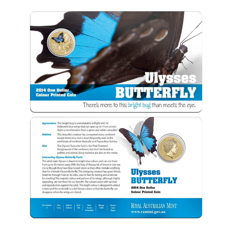 2014 $1 Colour Printed Uncirculated Coin: Bright Bug - "Ulysses Butterfly."