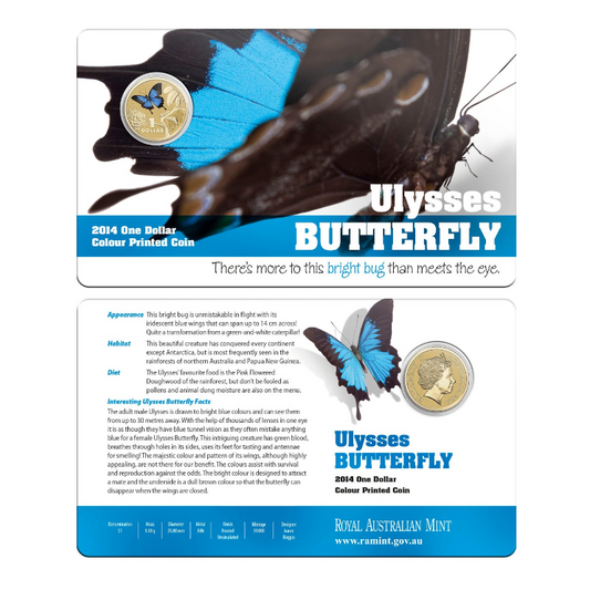 2014 $1 Colour Printed Uncirculated Coin: Bright Bug - "Ulysses Butterfly."