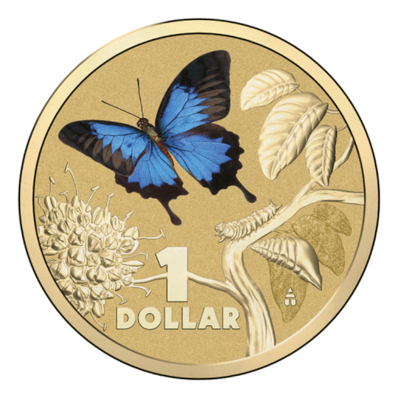 2014 $1 Colour Printed Uncirculated Coin: Bright Bug - "Ulysses Butterfly."