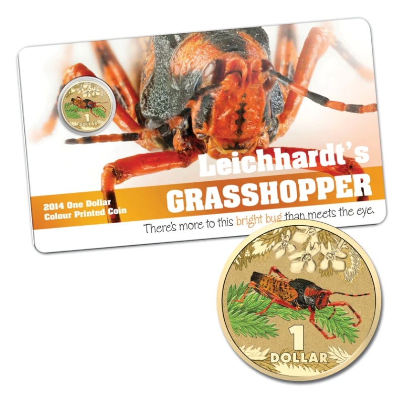 2014 $1 Colour Printed Uncirculated Coin: Bright Bug - "Leichhardt's Grasshopper."