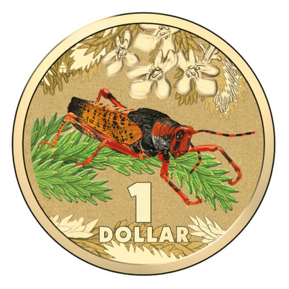 2014 $1 Colour Printed Uncirculated Coin: Bright Bug - "Leichhardt's Grasshopper."