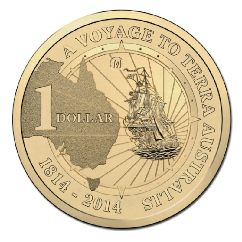 2014 $1 Uncirculated Coin: "A Voyage to Terra Australis." - 'M' Melbourne Counterstamp.