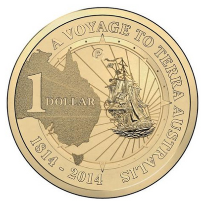 2014 $1 Uncirculated Coin: "A Voyage to Terra Australis." - 'P' Perth Counterstamp.