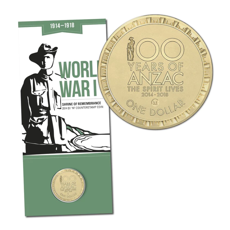 2014 $1 Uncirculated Coin: "Shrine of Remembrance." - 100 Years of Anzac - The Spirit Lives. - 'M' Counterstamp.