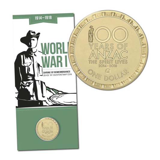 2014 $1 Uncirculated Coin: "Shrine of Remembrance." - 100 Years of Anzac - The Spirit Lives. - 'M' Counterstamp.