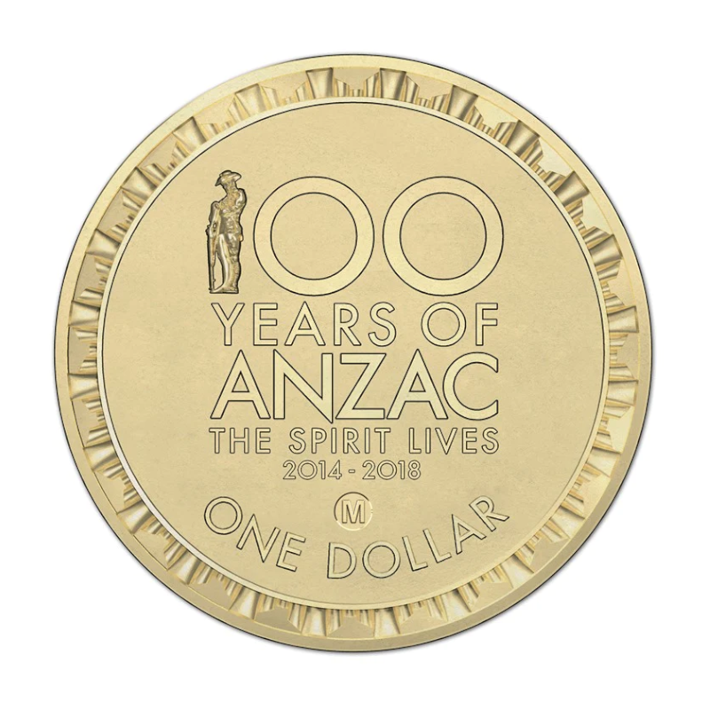 2014 $1 Uncirculated Coin: "Shrine of Remembrance." - 100 Years of Anzac - The Spirit Lives. - 'M' Counterstamp.