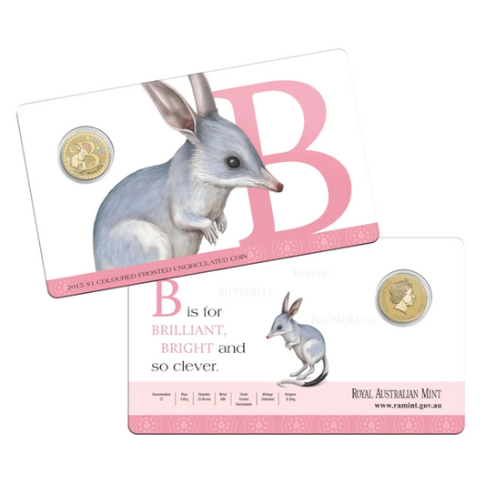 2015 $1 Coloured Frosted Uncirculated Coin: Alphabet 'B' - "Bilby."