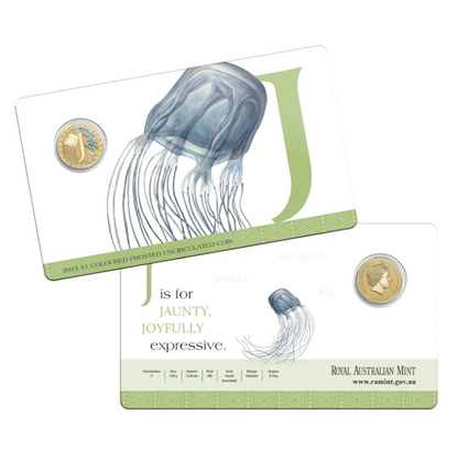 2015 $1 Coloured Frosted Uncirculated Coin: Alphabet 'J' - "Jellyfish."