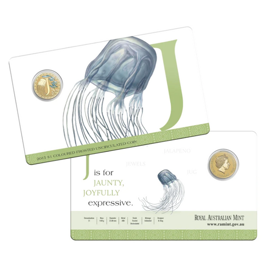 2015 $1 Coloured Frosted Uncirculated Coin: Alphabet 'J' - "Jellyfish."