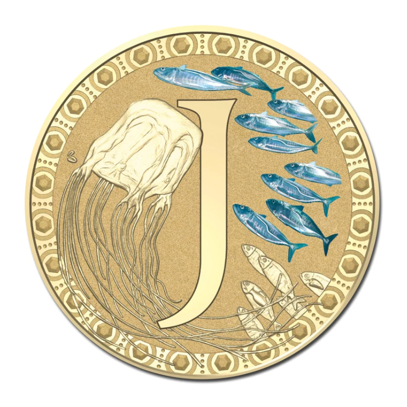 2015 $1 Coloured Frosted Uncirculated Coin: Alphabet 'J' - "Jellyfish."