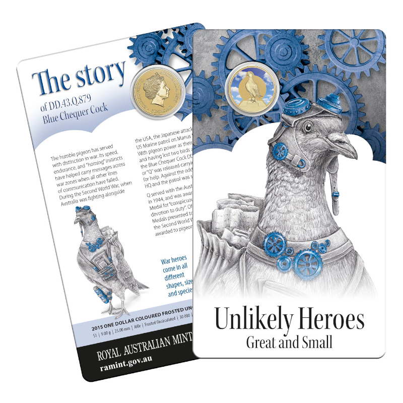 2015 $1 Coloured Frosted Uncirculated Coin: Unlikely Heroes - "Blue Chequer Cock."