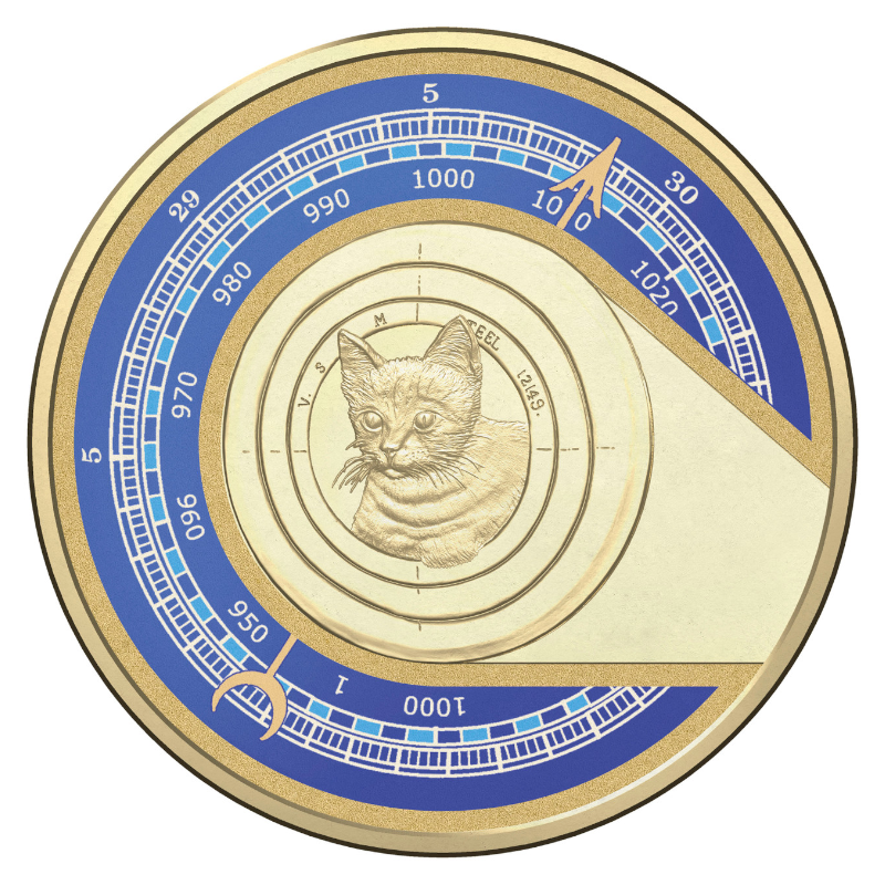 2015 $1 Coloured Frosted Uncirculated Coin: Unlikely Heroes - "Feline Mascot of the HMAS Encounter."