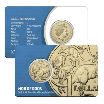 2015 $1 Uncirculated Coin: "Mob Of Roos." - 'M' Melbourne Privy Mark.