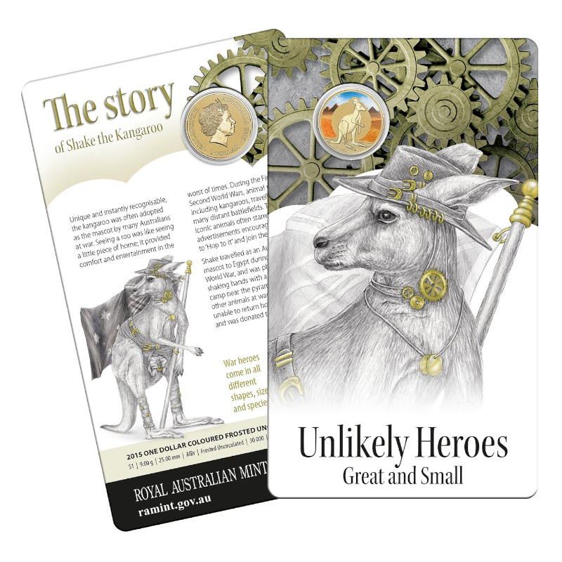 2015 $1 Coloured Frosted Uncirculated Coin: Unlikely Heroes - "Shake the Kangaroo."