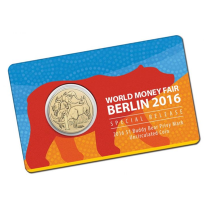 2016 $1 Uncirculated Coin - Berlin World Money Fair Issue: "Mob Of Roos." - 'Buddy Bear.' Privy Mark.