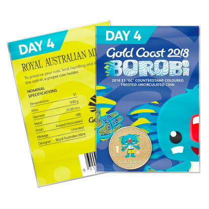 2018 $1 'GC' Counterstamp Coloured Frosted Uncirculated Coin: XXI Commonwealth Games - "Borobi - Day 4."