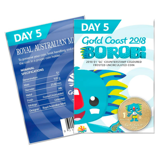 2018 $1 'GC' Counterstamp Coloured Frosted Uncirculated Coin: XXI Commonwealth Games - "Borobi - Day 5."