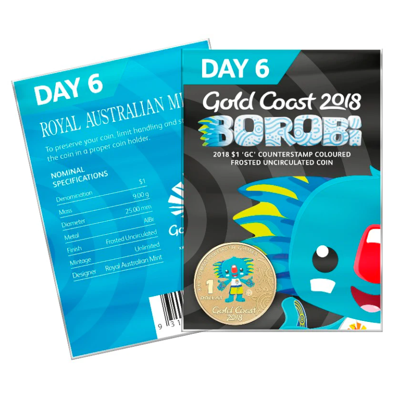 2018 $1 'GC' Counterstamp Coloured Frosted Uncirculated Coin: XXI Commonwealth Games - "Borobi - Day 6."