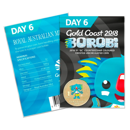 2018 $1 'GC' Counterstamp Coloured Frosted Uncirculated Coin: XXI Commonwealth Games - "Borobi - Day 6."