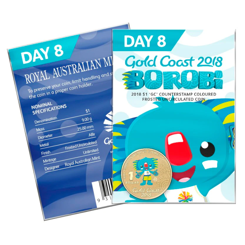 2018 $1 'GC' Counterstamp Coloured Frosted Uncirculated Coin: XXI Commonwealth Games - "Borobi - Day 8."