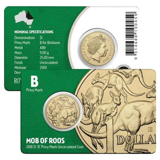 2018 $1 Uncirculated Coin - ANDA Show: "Mob Of Roos." - 'B' Brisbane Privy Mark.