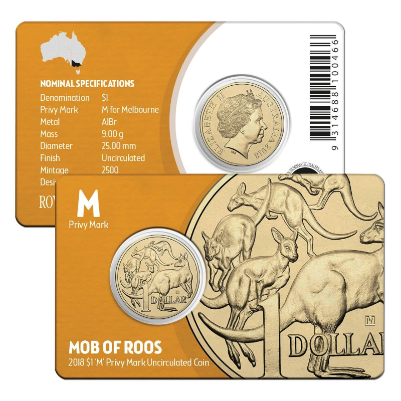 2018 $1 Uncirculated Coin - ANDA Show: "Mob Of Roos." - 'M' Melbourne Privy Mark.