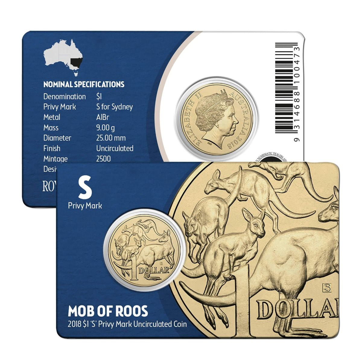 2018 $1 Uncirculated Coin - ANDA Show: "Mob Of Roos." - 'S' Sydney Privy Mark.