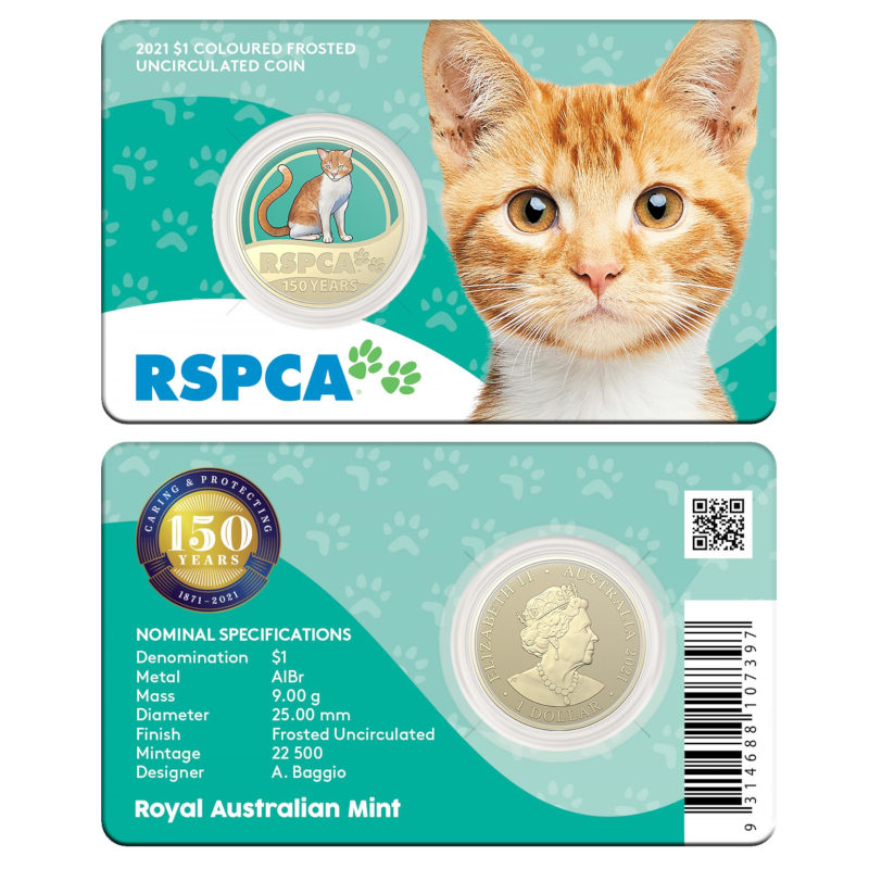 2021 $1 Coloured Frosted Uncirculated Coin: "150th Anniversary of the RSPCA - Cat."