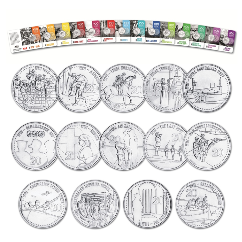 2015 20 cent Uncirculated Fourteen Coin Set: "Anzacs Remembered -  World War I 1914-1918."