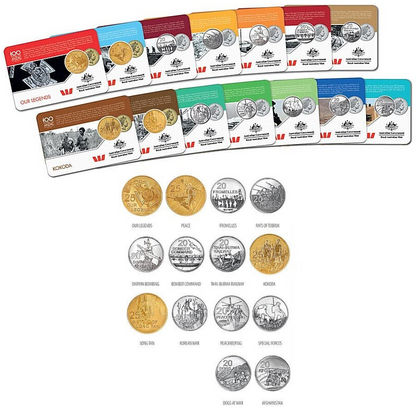 2016 20 and 25 cent Uncirculated Fourteen Coin Set: "Anzac To Afghanistan."