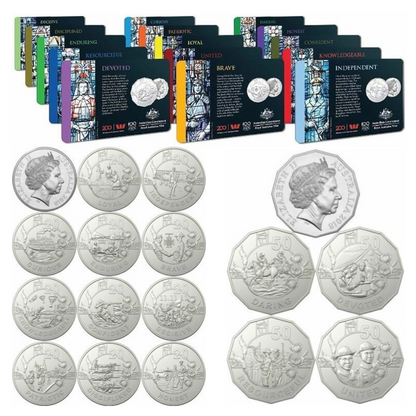 2018 20 and 50 cent Uncirculated Fifteen Coin Set: "Anzac Sprit."