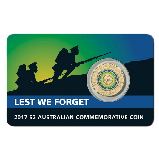 2017 $2 Coloured Uncirculated Coin: "Lest We Forget." - Downies Card.