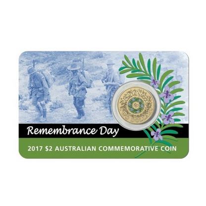 2017 $2 Coloured Uncirculated Coin: "Remembrance." - Downies Card.