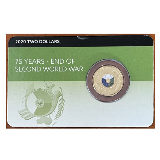 2020 $2 Coloured Uncirculated Coin: "75 Years of the End of The Second World War." - Downies Card.