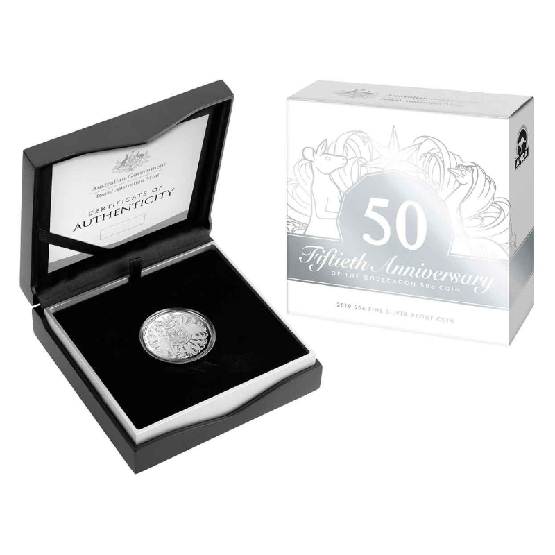 2019 50c Silver Proof Coin: ANDA - "50th Anniversary of the Dodecagon 50c Coin."