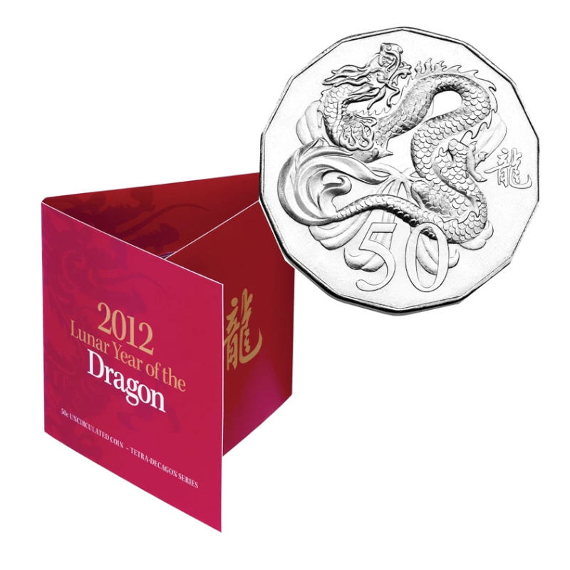 2012 50 cent Uncirculated Tetra-Decagon Coin: Lunar Series - "Year of the Dragon."