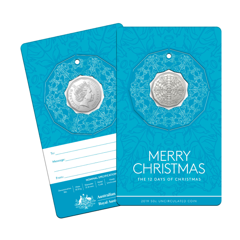 2019 50 cent Uncirculated Coin: "The 12 Days of Christmas." - Blue Card.