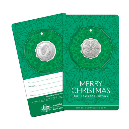 2019 50 cent Uncirculated Coin: "The 12 Days of Christmas." - Green Card.