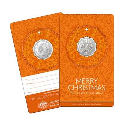 2019 50 cent Uncirculated Coin: "The 12 Days of Christmas." - Orange Card.