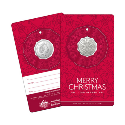 2019 50 cent Uncirculated Coin: "The 12 Days of Christmas." - Red Card.